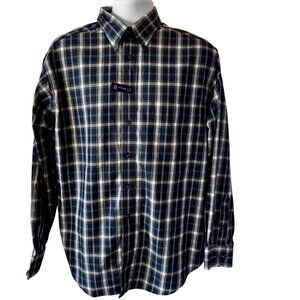 Roundtree & Yorke Mens Large Plaid Button-Down Shirt Navy White Cotton Easy Care